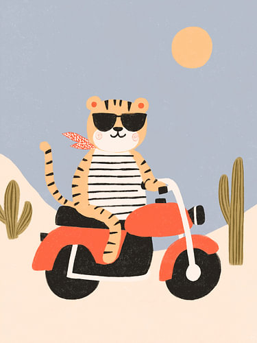 Tiger on a Red Motorbike in the Desert – Nursery Art