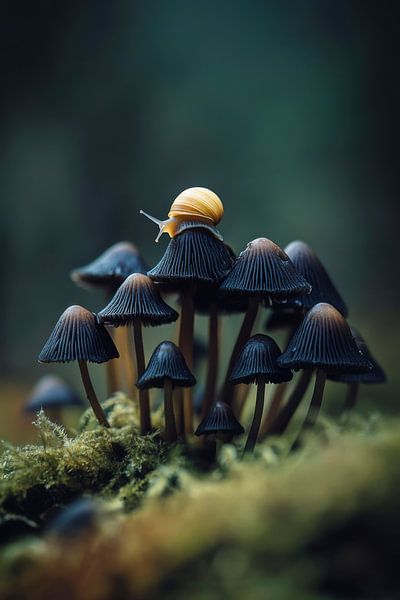 Snail on mushrooms by Poster Art Shop