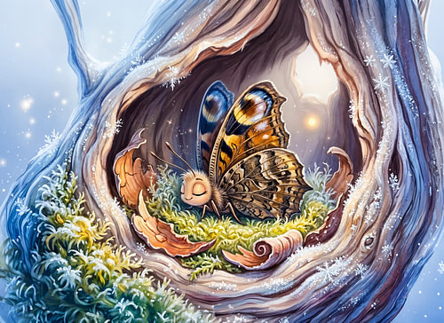 Butterfly Sleeping in Tree Hollow During Winter Dormancy