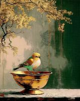 Stilleven schilderij. Nieuwsgierig vogeltje op koperen schaal