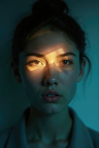 Jonge vrouw met licht geprojecteerd op gezicht die in studio poseert