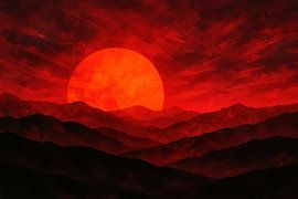 Rote Berglandschaft mit Sonne von Art & Soul Creations