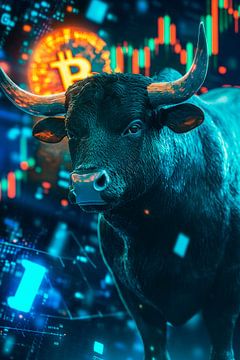 Stier met Bitcoin achtergrond - Futuristisch van Poster Art Shop