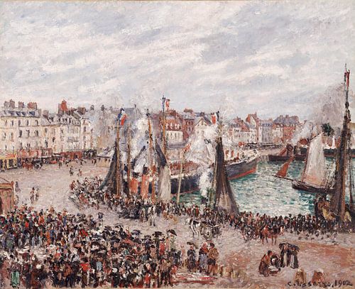 De vismarkt, Dieppe: grijs weer, ochtend, Camille Pissarro