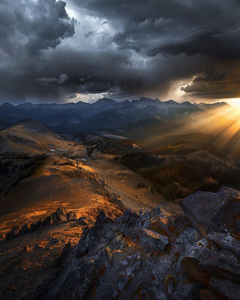 Zonnestralen over bergtoppen van fernlichtsicht