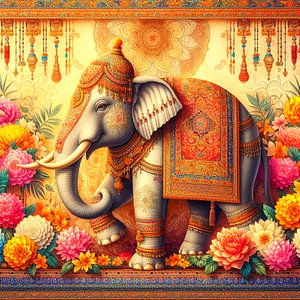 Art indien, éléphant avec décoration rouge-orange