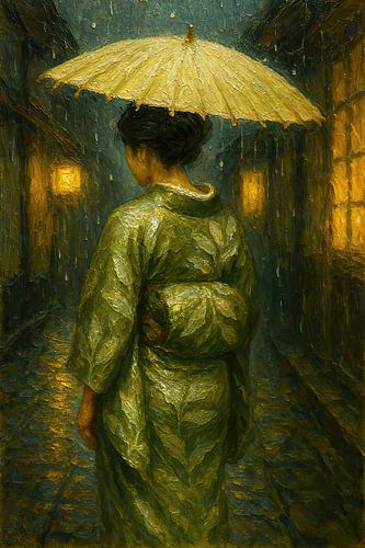 Geisha in de regen bij avondlicht (Kimono, wandeling, Japanse, steeg, parasol, avond, nacht, donker, oosters, schilderij, dikke verf)