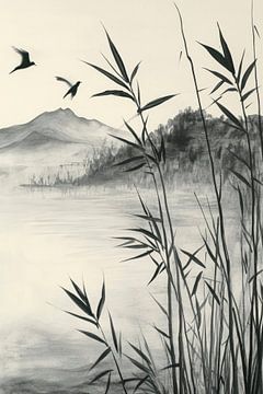 Mistig meer met riet en vogels van Poster Art Shop