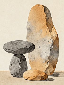 JAPANDI Organic Zen Stones - Wabi-Sabi Watercolor Pebble Still Life by Minggu Galeri