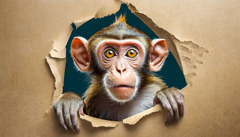 Singe regardant dans un trou déchiré sur la page de papier, isolé par Animaflora PicsStock