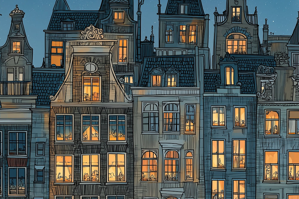 Illustration of Amsterdam canal houses under the moon and stars by ...
