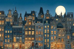 Illustration des maisons du canal d'Amsterdam sous la lune et les étoiles