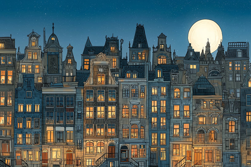 Illustration of Amsterdam canal houses under the moon and stars by ...