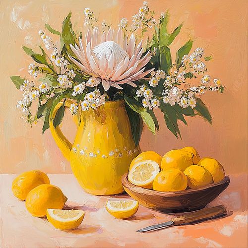Zomers stilleven met bloemen en citroenen