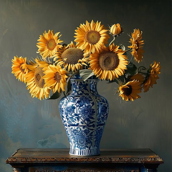 Klassisches Sonnenblumenstillleben in Delfter Blau Vase von Vlindertuin-Art