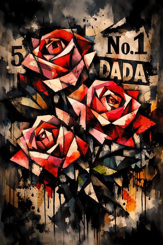 Opstand van de rozen – Abstracte dadaïstische muurschildering met kubistische bloemen