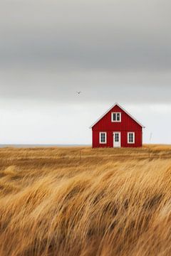 Rode hut in een gouden zee van gras van Poster Art Shop