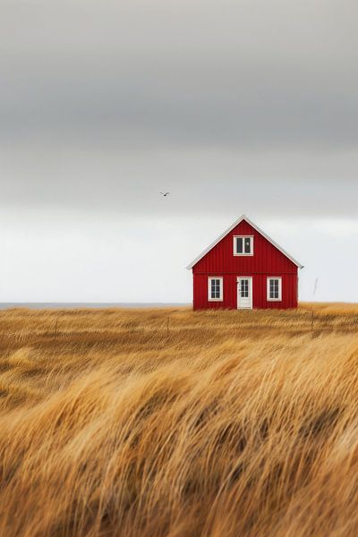 Red hut in a golden sea of grass by Poster Art Shop