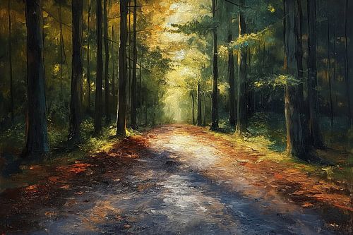 schilderij van een wandelpad tussen de bomen in het bos