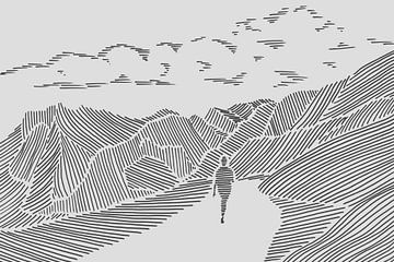 Hiking in the mountains (abstract line drawing landscape nature hills stripes man woman line art)