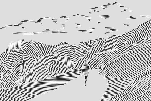 Wandelen in de bergen (abstract lijntekening landschap natuur heuvels strepen man vrouw line art)