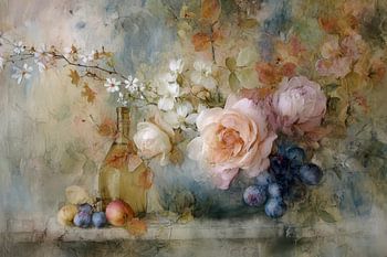 Romantisch stilleven schilderij,  Bloemen, fruit en fles, Impressionisme