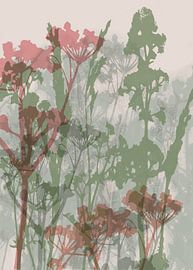 Abstrakte botanische Kunst. Blumen in grün, rosa, terra. von Dina Dankers