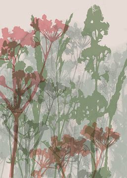 Abstracte botanische kunst. Bloemen in groen, roze, terra.