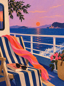Fährfahrt im Sonnenuntergang – Liegestuhl am Meer