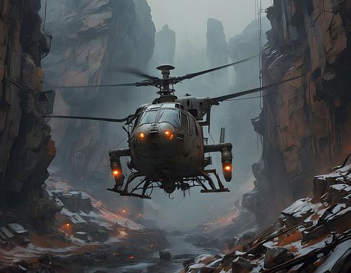 steampunk helicopter flies through a deep ravine