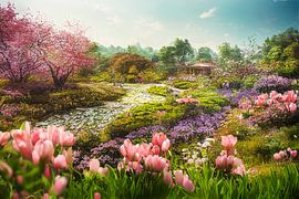 Tuin met kleurrijke bloemen in de zomer, illustratie