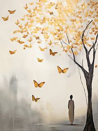 Japandi, Vrouw en vlinders in Goud van Caroline Drijber Guérain