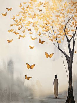 Japandi, Vrouw en vlinders in Goud