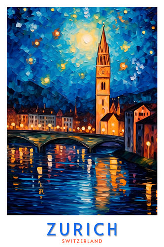 Zürich am Flussufer bei Nacht | Poster „Schweiz“