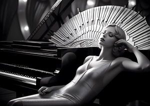 Femme posant sur un piano à queue Steinway dans un salon Art déco