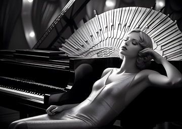 Posing woman reclining on Steinway grand piano in Art Deco lounge by Jan Bechtum