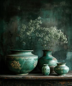 Stilleven smaragd groen antieke vazen