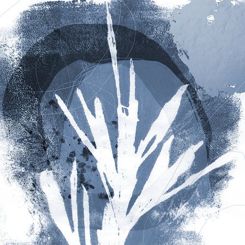Moderne botanische minimalistische kunst. Abstracte plant in blauw en wit