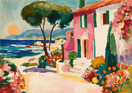 Mediterrane Küste mit rosa Haus und tiefstehender Sonne von Niklas Maximilian