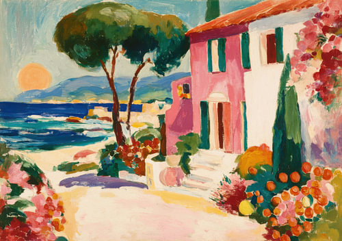 Mediterranean coast with a pink house and the sun low in the sky