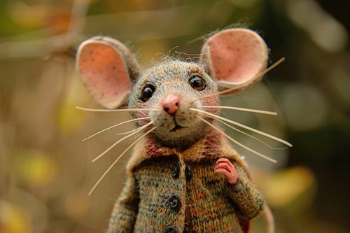 Souris détaillée avec des vêtements dans la forêt