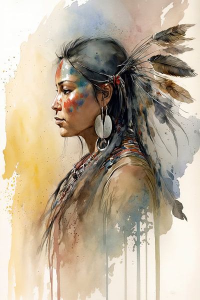 Watercolour painting traditional Indian woman by Digitale Schilderijen