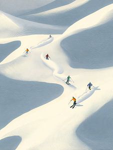 Minimalistische Winterlandschaft mit Skifahrern in Bewegung