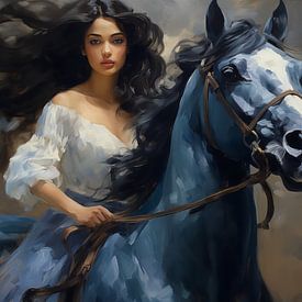 Peinture à l'huile d'une belle jeune fille vêtue d'une robe bleue et chevauchant un cheval sur Animaflora PicsStock