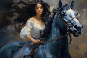Ölgemälde eines schönen Mädchens in einem blauen Kleid, das auf einem Pferd reitet
