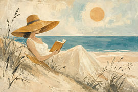 Lecture dans les dunes au bord de la mer (IA) (détente, ambiance de vacances, vintage, méditerranéen, paysage) sur Natalie Bruns