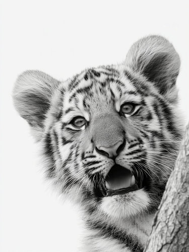 Tigerjunges mit offenem Maul – Tierkunst in Schwarzweiß