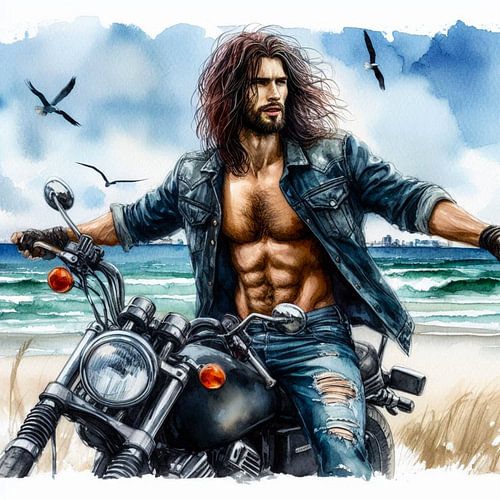 Man met zijn motor aan het strand