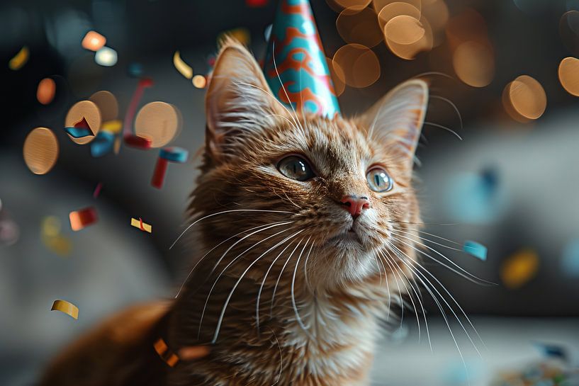 Lustige Katze Feiert Geburtstag mit Partyhut und Torte von Poster Art Shop