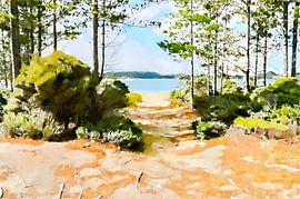 A sandy path through the woods to a bay - Impressionist Digital Artwork by VenVision Art